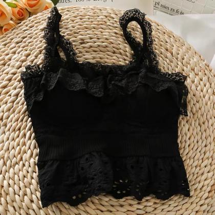 Lotus Hollow Out Short Crop Top,, Lace Splicing..