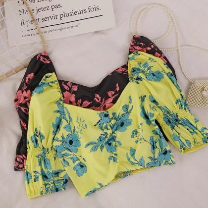 Fashion Print Short Top, Fresh And Sweet, Square..