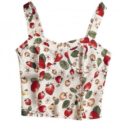 Sweet, Floral Strawberry Top, Short Crop Top
