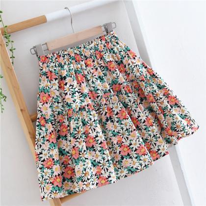 Spring And Summer Floral Skirt, High Waist A-line..