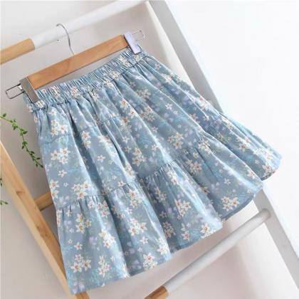 Floral Skirt, Cotton And Linen, Small Fresh,..