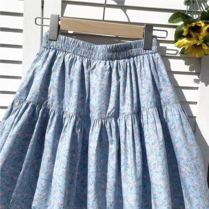 High Waist Floral Skirt, Fresh Pleated Skirt,..