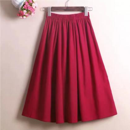 Cotton And Linen Half Skirt, Literary Burgundy..