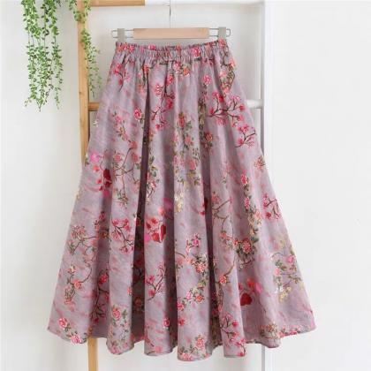 Flower Skirt, Cotton And Linen Midi Skirt With..
