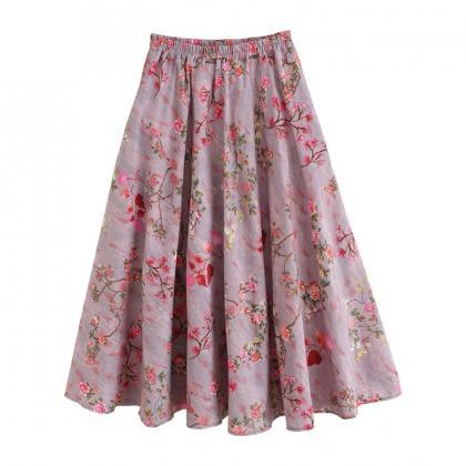 Flower Skirt, Cotton And Linen Midi Skirt With..