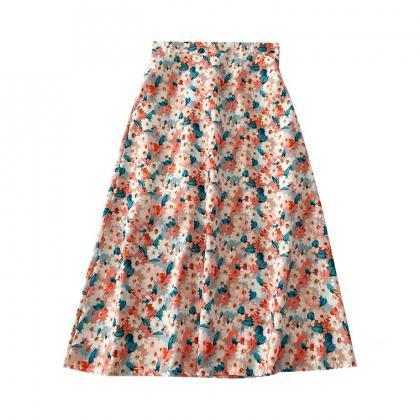 Chiffon Floral A-line Skirt, Midi High-waisted..