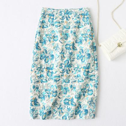 Printed Skirt, High Waist, Straight Skirt,slit,..