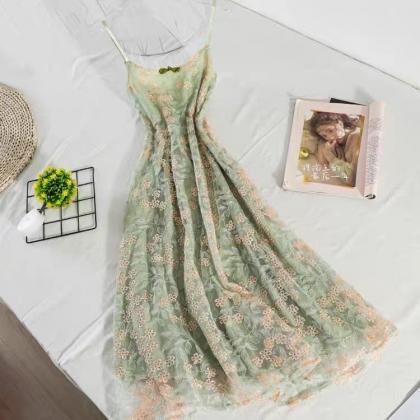 Green Sweet Dress, High Waist, Bead Embroidered..