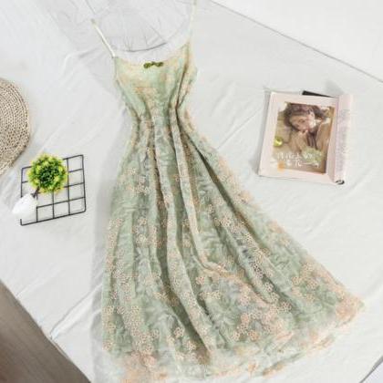 Green Sweet Dress, High Waist, Bead Embroidered..