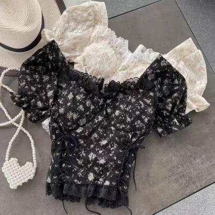 Sweet, Lace Off Shoulder Top,square Collar Crop..