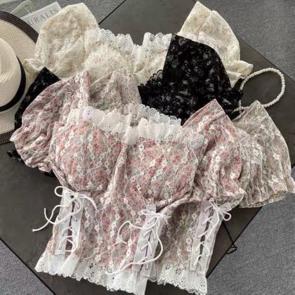 Sweet, Lace Off Shoulder Top,square Collar Crop..