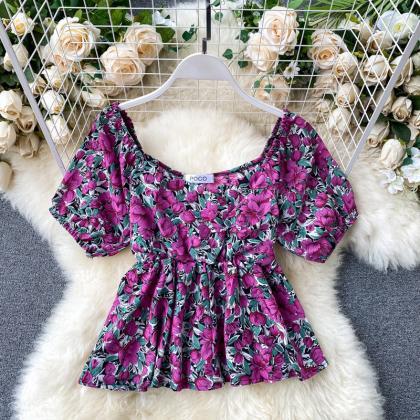 Flower Top,chic, Bubble Sleeves, Lotus Leaf Short..