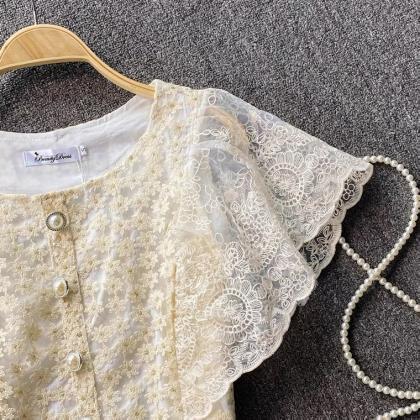 Embroidered Lace, Short Sleeved Blouse With Square..