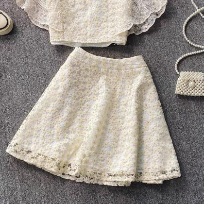 Embroidered Lace, Short Sleeved Blouse With Square..