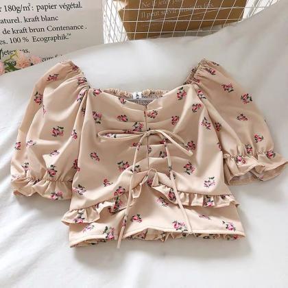Sweet, Small Flower, Square Collar, Puffy Sleeves,..