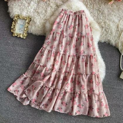 Elastic-waist Floral Chiffon Skirt, All-match..