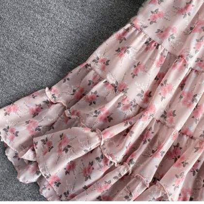 Elastic-waist Floral Chiffon Skirt, All-match..