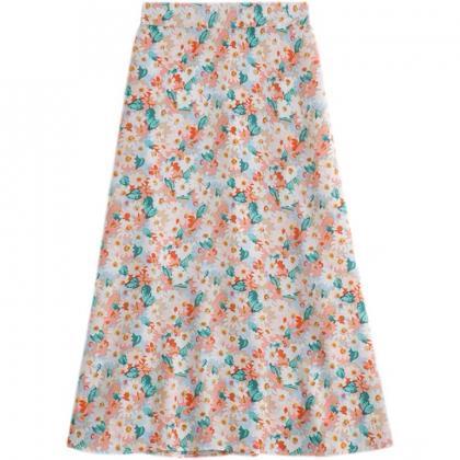 Small Daisy Chiffon Print A-line Skirt, High Waist..
