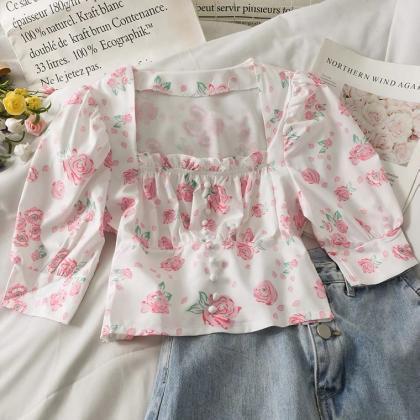 Sweet Style, Floral Print, Square Collar,..