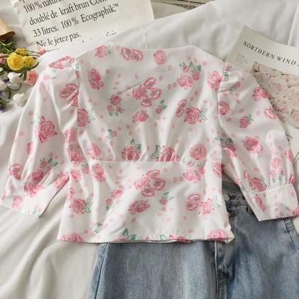 Sweet Style, Floral Print, Square Collar,..