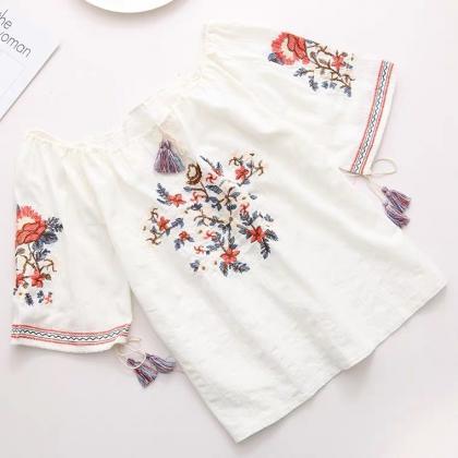 Heavy Flower Embroidered Cotton Shirt, Tassel Tie,..