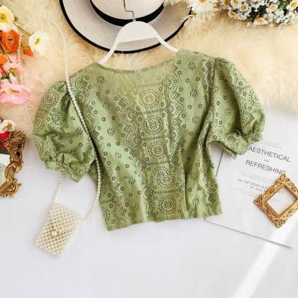 V-neck Hollow-out Lace Top, Short-sleeved Fairy..