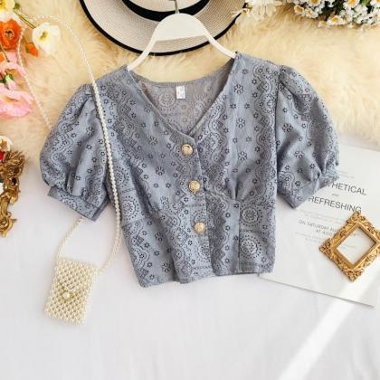 V-neck Hollow-out Lace Top, Short-sleeved Fairy..