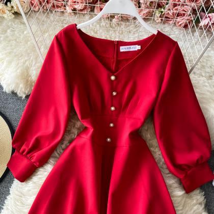 Red/balck V-neck A-line Dress, Vintage Evening..