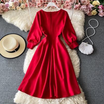 Red/balck V-neck A-line Dress, Vintage Evening..