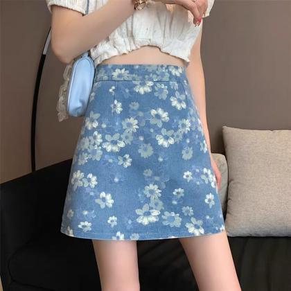 Flower Denim Skirt, High Waist Bodycon Skirt,..