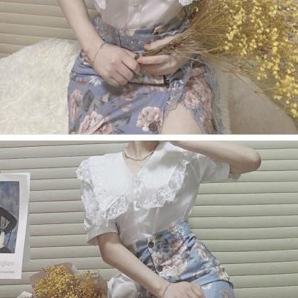 Temperament, Midi Split Skirt, Long Floral A-line..