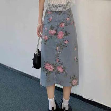 Denim Skirt, Mid-length A-line Skirt With Floral..