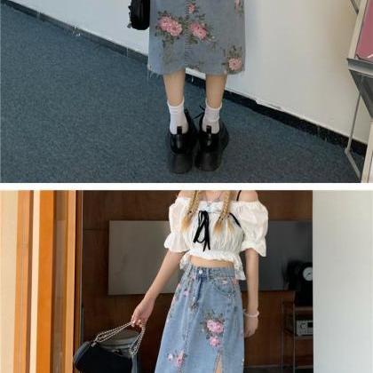 Denim Skirt, Mid-length A-line Skirt With Floral..