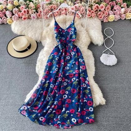 V-neck floral chiffon dress, temper..