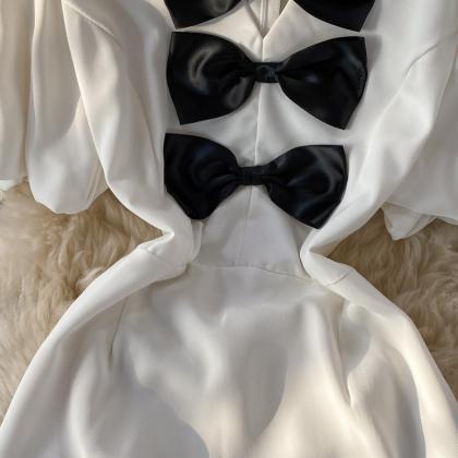Vintage, V-neck Bowknot Dress, Bubble Sleeves..