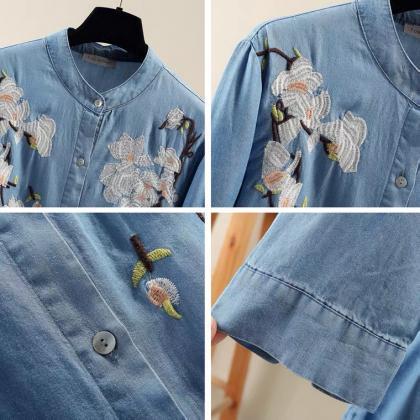 Artistic, Vintage, Embroidered Loose Blouse, Long..