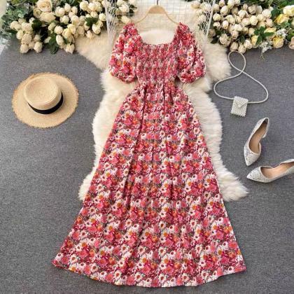 Vintage Floral Dress, Square Collar, Bubble..