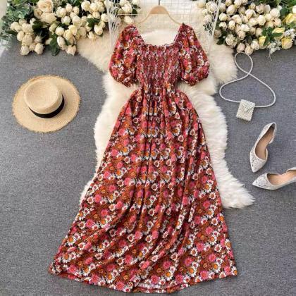 Vintage Floral Dress, Square Collar, Bubble..