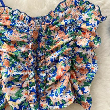 Sweet, Floral Spaghetti Strap Top, All-match Short..