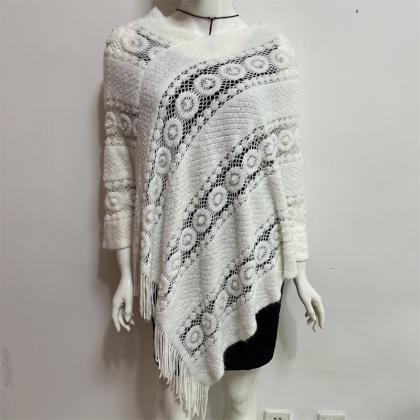 Hollow Out,lazy Style, Tasselled Beaded Cape Knit
