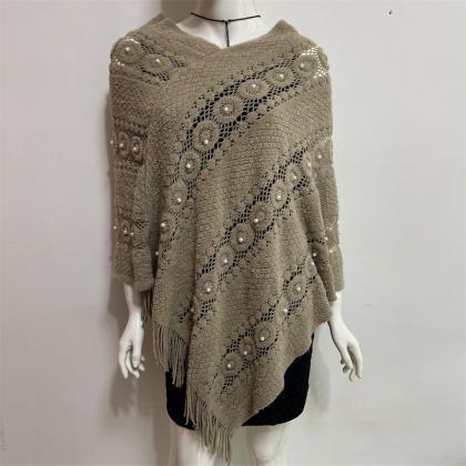Hollow Out,lazy Style, Tasselled Beaded Cape Knit