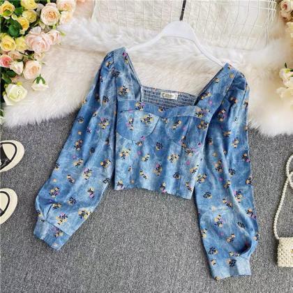Bubble Sleeves Floral Square Collar Denim Shirt,..