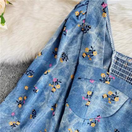 Bubble Sleeves Floral Square Collar Denim Shirt,..