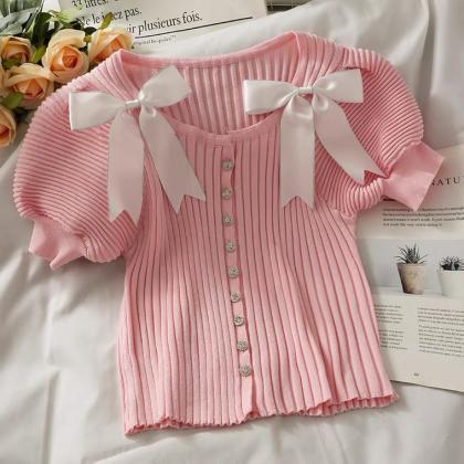 Vertical Stripe Knit T-shirt Bowtie Puffed Sleeve..