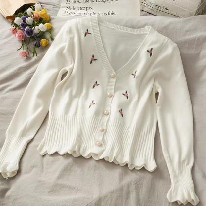 Pearl-buttoned Cardigans With Wavy Edges, V-neck..