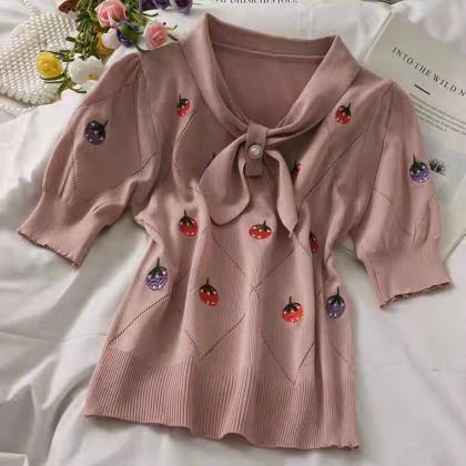 Sweet Wind, Strawberry Embroidered Knit T Shirt,..