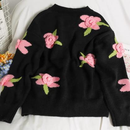 Sweet, Solid Pink Flowers Single-breasted Cardigan..
