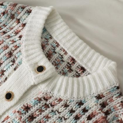 Loose Crew-neck Knit, Striped Single-breasted..