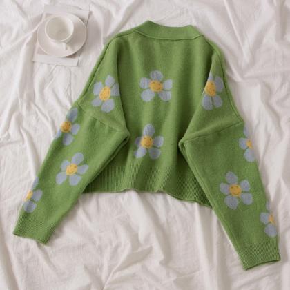 Preppy, Floral Knit Coat, Loose, V-neck, Spring..