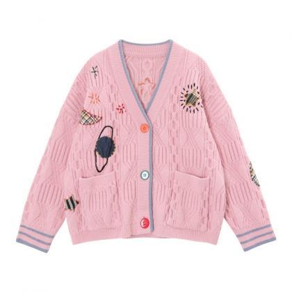 Loose, Lazy, Kiddie Planet Embroidered Sweater